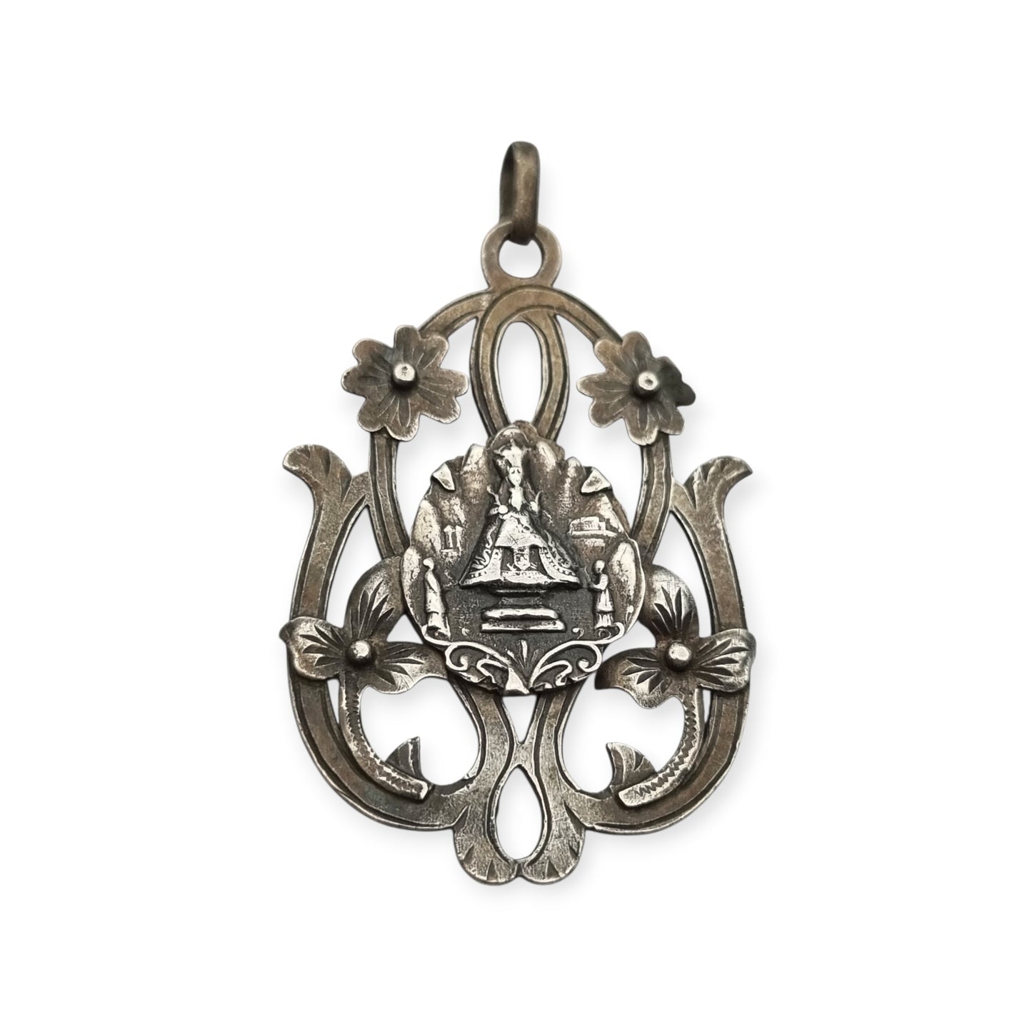 Art Nouveau silver pendant, Our Lady of Montserrat, La Moreneta, religious jewelry, 1920