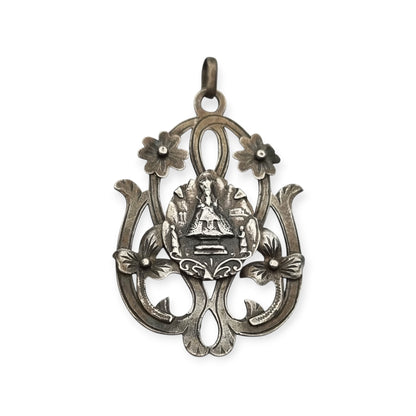 Art Nouveau silver pendant, Our Lady of Montserrat, La Moreneta, religious jewelry, 1920
