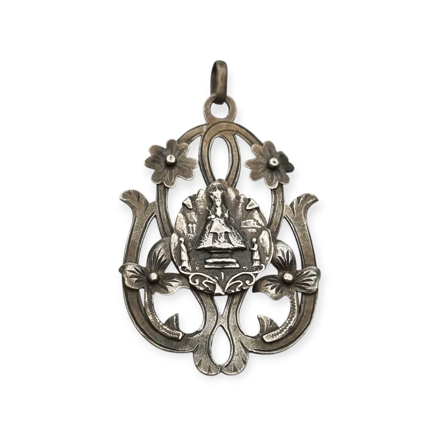 Art Nouveau silver pendant, Our Lady of Montserrat, La Moreneta, religious jewelry, 1920
