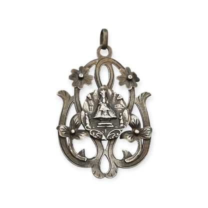 Art Nouveau silver pendant, Our Lady of Montserrat, La Moreneta, religious jewelry, 1920