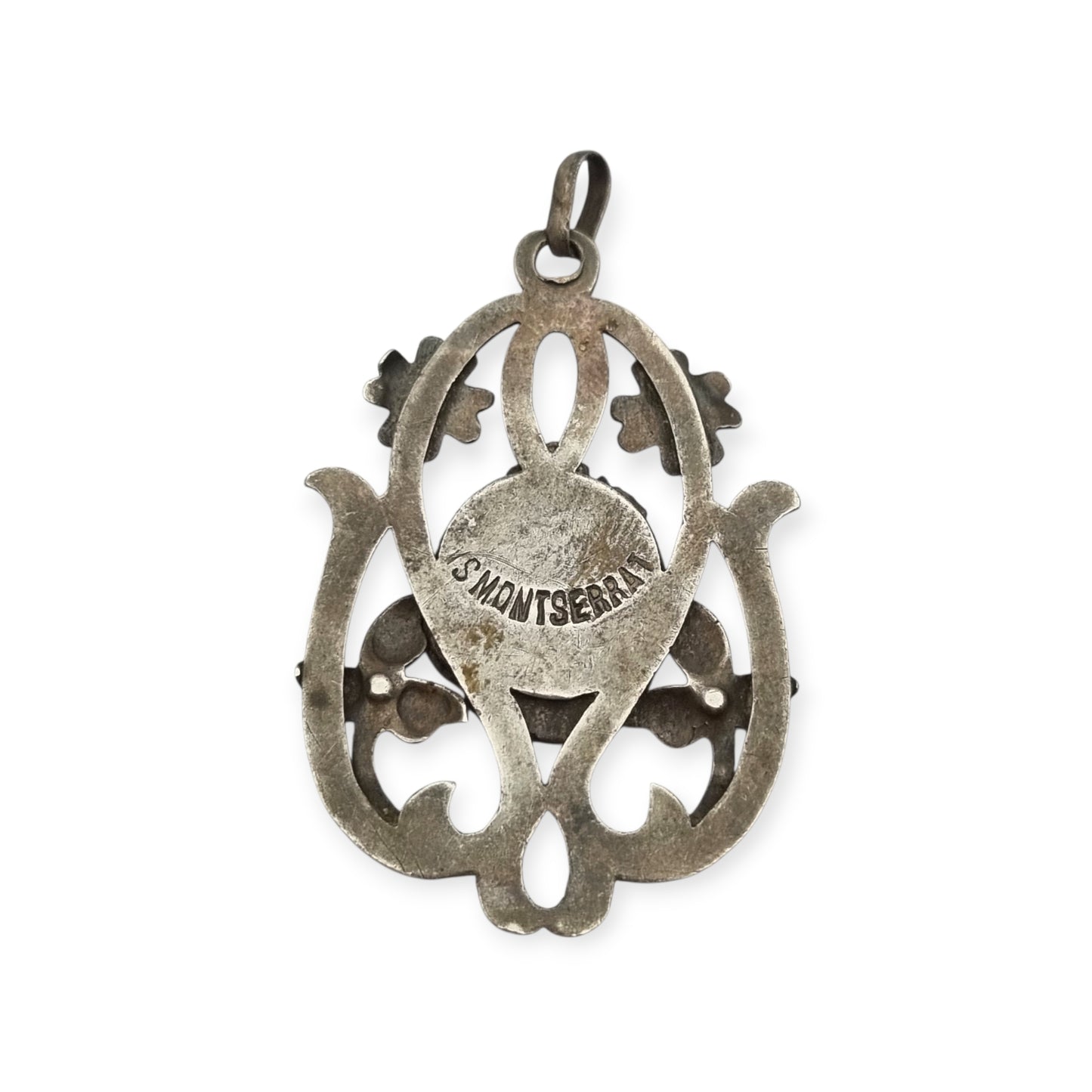 Art Nouveau silver pendant, Our Lady of Montserrat, La Moreneta, religious jewelry, 1920