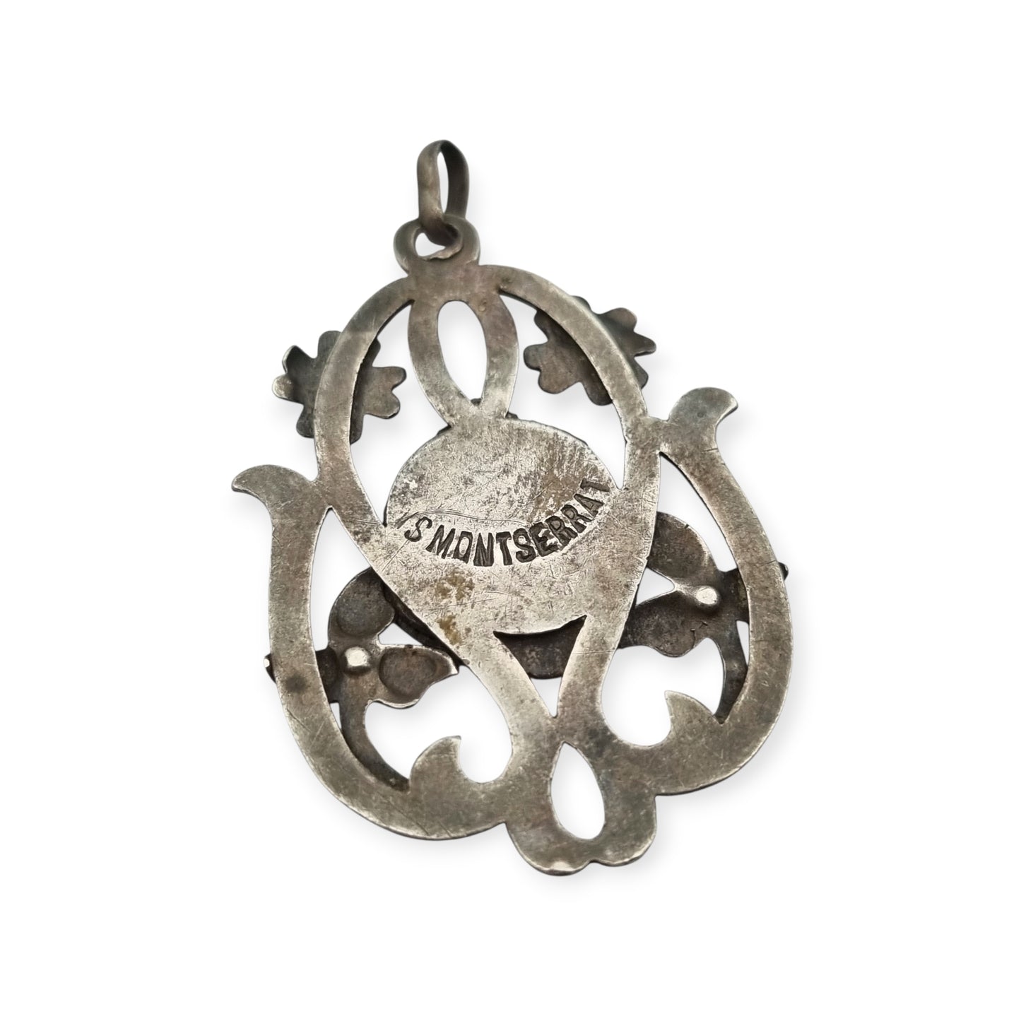 Art Nouveau silver pendant, Our Lady of Montserrat, La Moreneta, religious jewelry, 1920