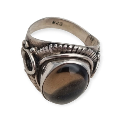 Anillo boho vintage de plata 925 con cabujón ovalado translúcido, circa 1990