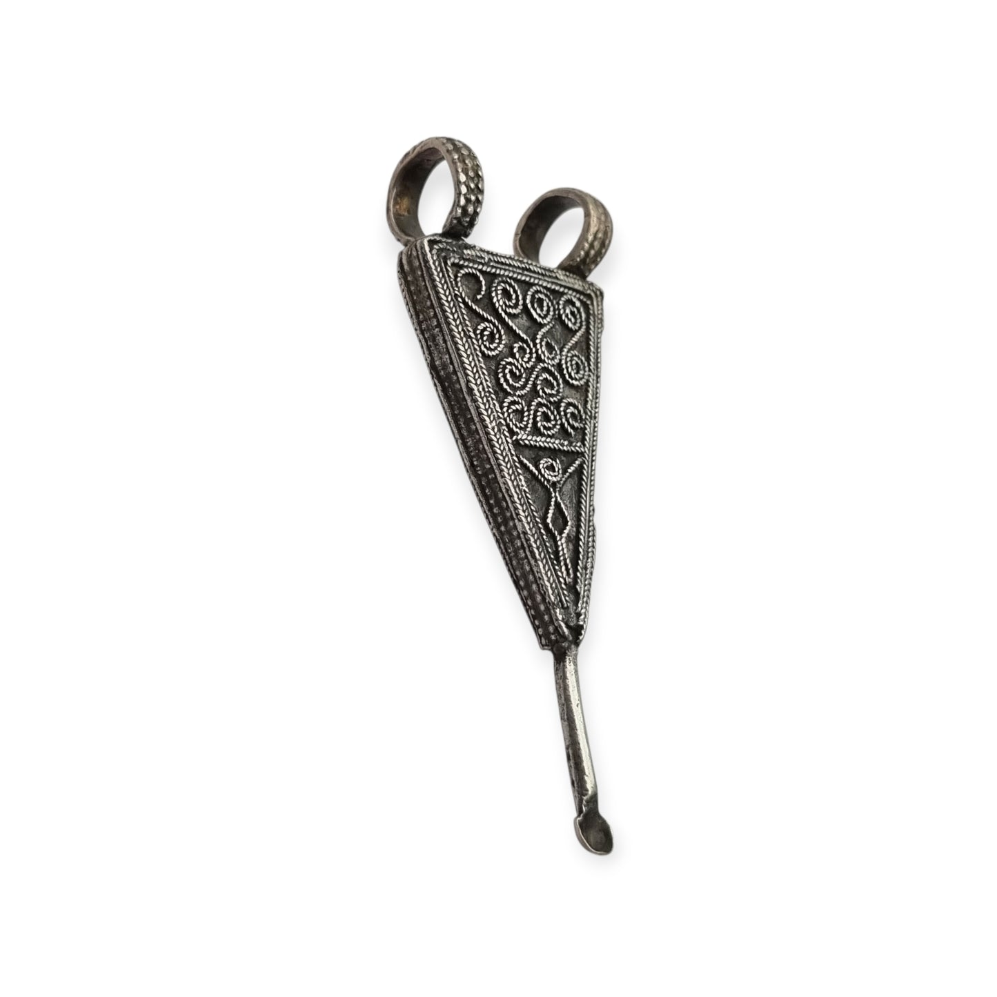 Colgante amuleto cuchara boho-étnico de plata, limpieza de oídos etíope, hecho a mano.