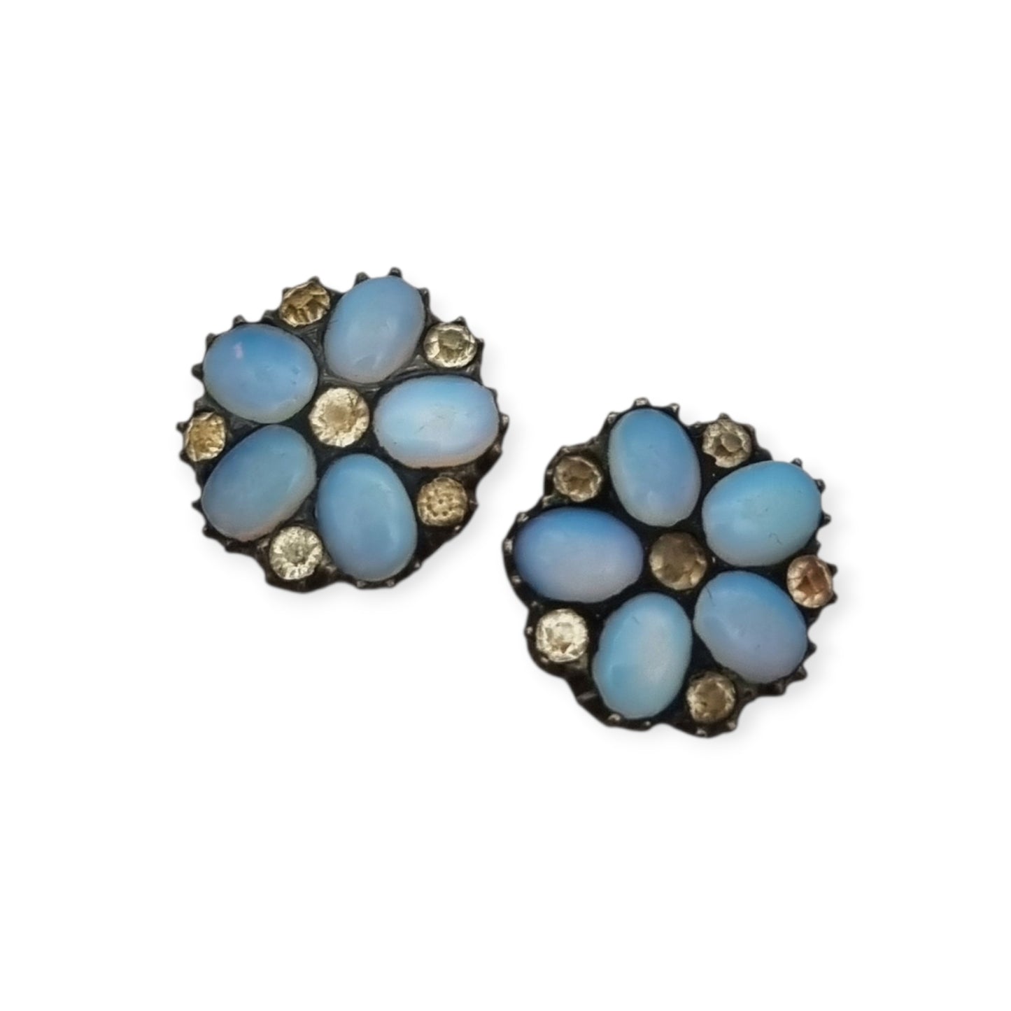Edwardian silver shirt studs with opalescent glass and rhinestone, circa 1900