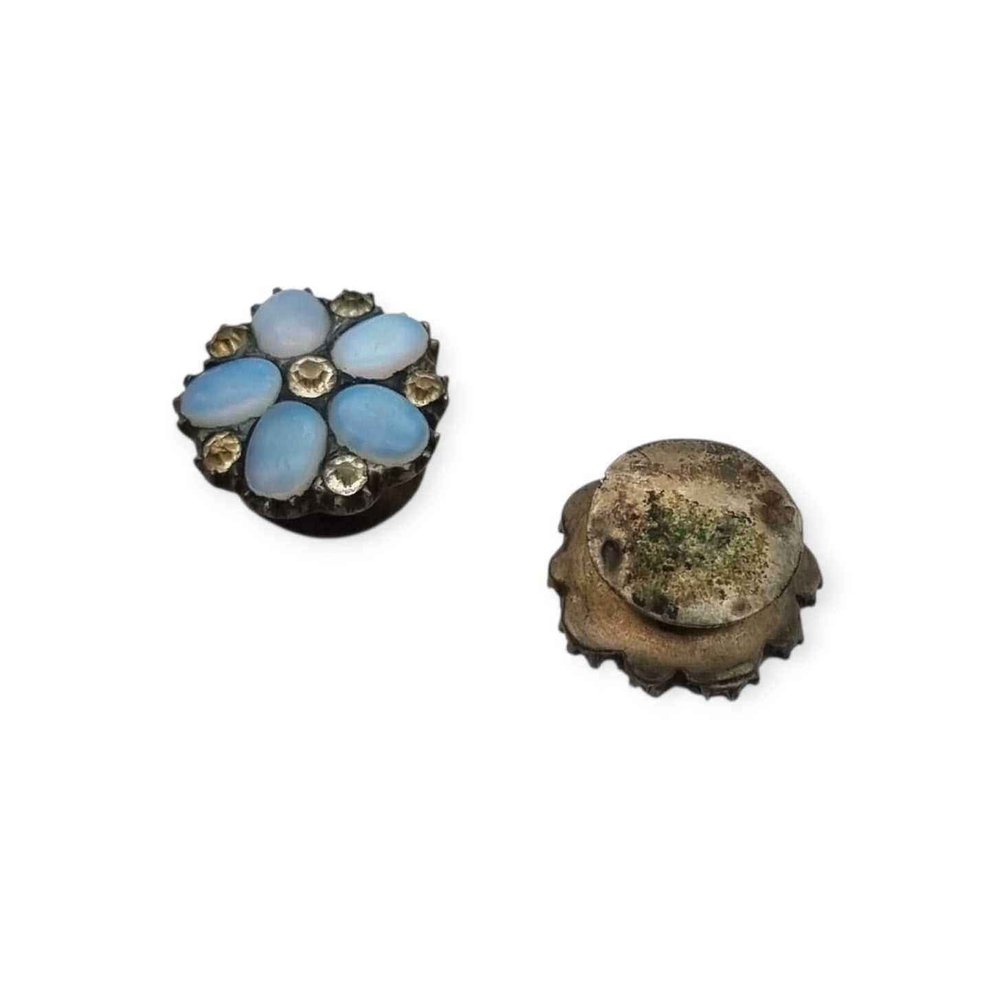 Edwardian silver shirt studs with opalescent glass and rhinestone, circa 1900
