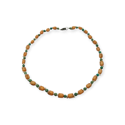 70s Vintage Boho Handcrafted Carved Floral Coral Turquoise and Pearl Necklace