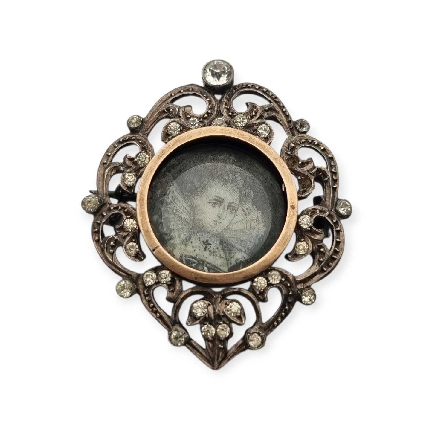 Victorian silver brooch with gold accents, painted miniature, and gemstones, France 1890-1900