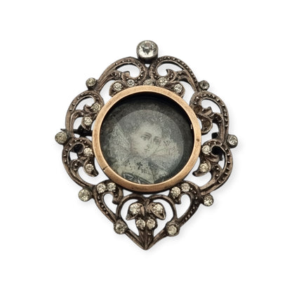 Victorian silver brooch with gold accents, painted miniature, and gemstones, France 1890-1900