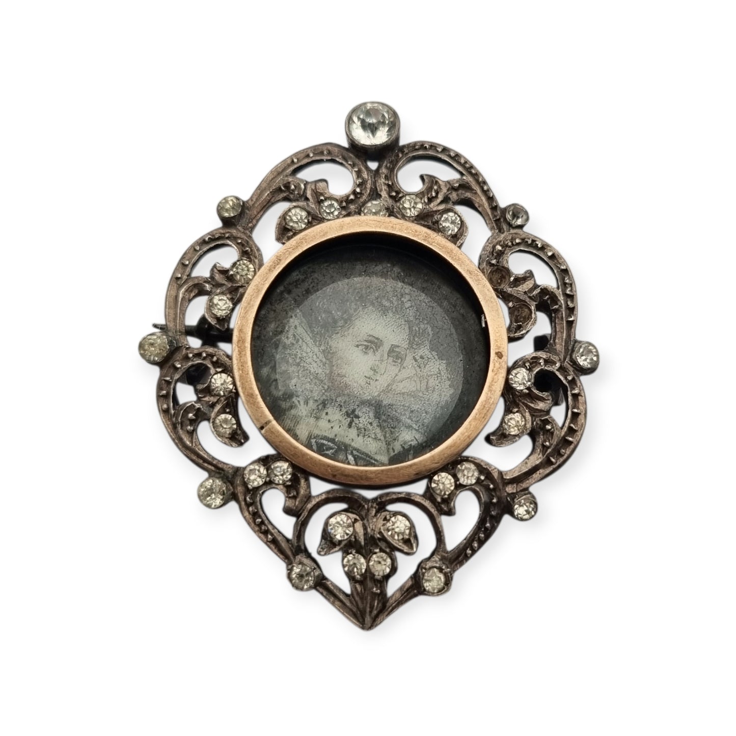 Victorian silver brooch with gold accents, painted miniature, and gemstones, France 1890-1900