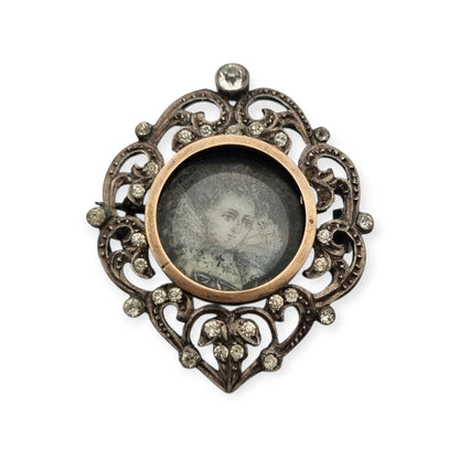 Victorian silver brooch with gold accents, painted miniature, and gemstones, France 1890-1900