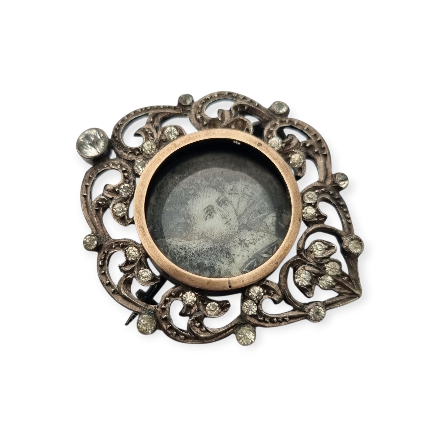 Victorian silver brooch with gold accents, painted miniature, and gemstones, France 1890-1900