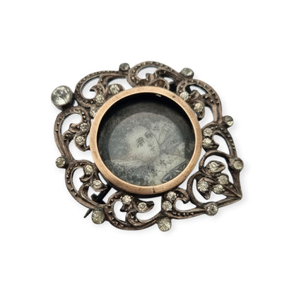 Victorian silver brooch with gold accents, painted miniature, and gemstones, France 1890-1900