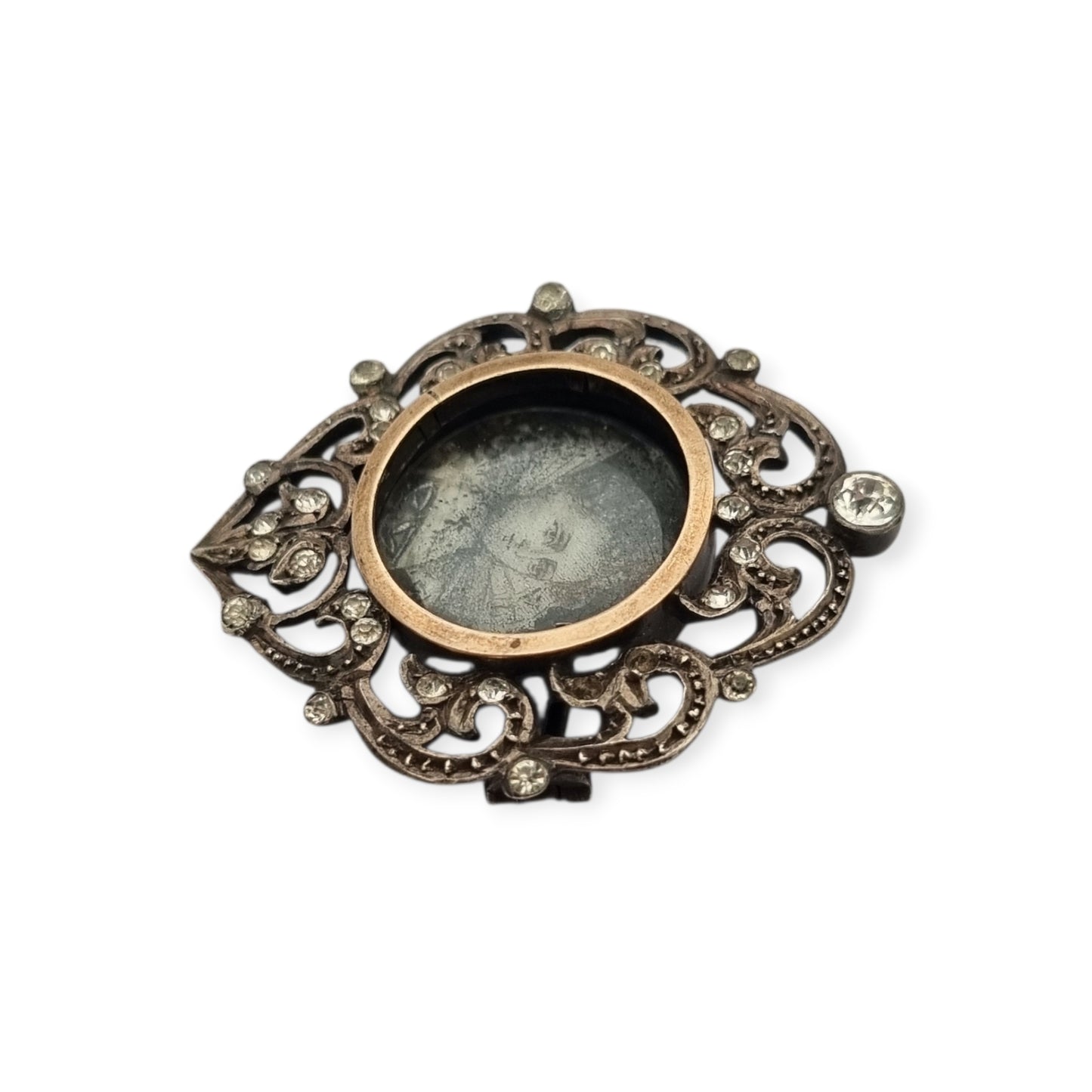 Victorian silver brooch with gold accents, painted miniature, and gemstones, France 1890-1900