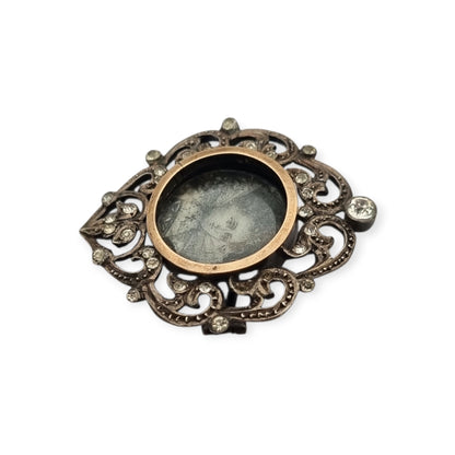 Victorian silver brooch with gold accents, painted miniature, and gemstones, France 1890-1900