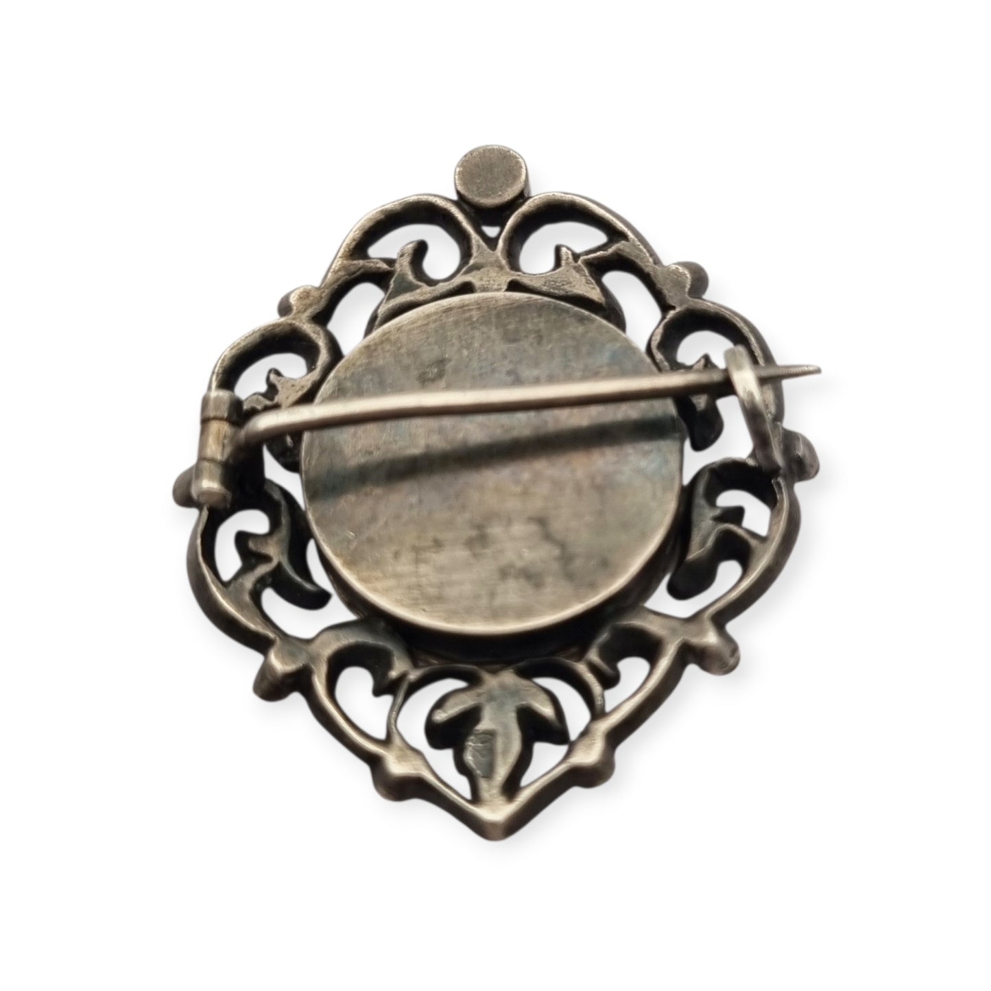 Victorian silver brooch with gold accents, painted miniature, and gemstones, France 1890-1900