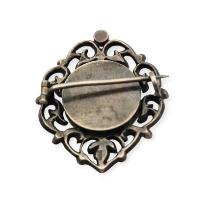 Victorian silver brooch with gold accents, painted miniature, and gemstones, France 1890-1900
