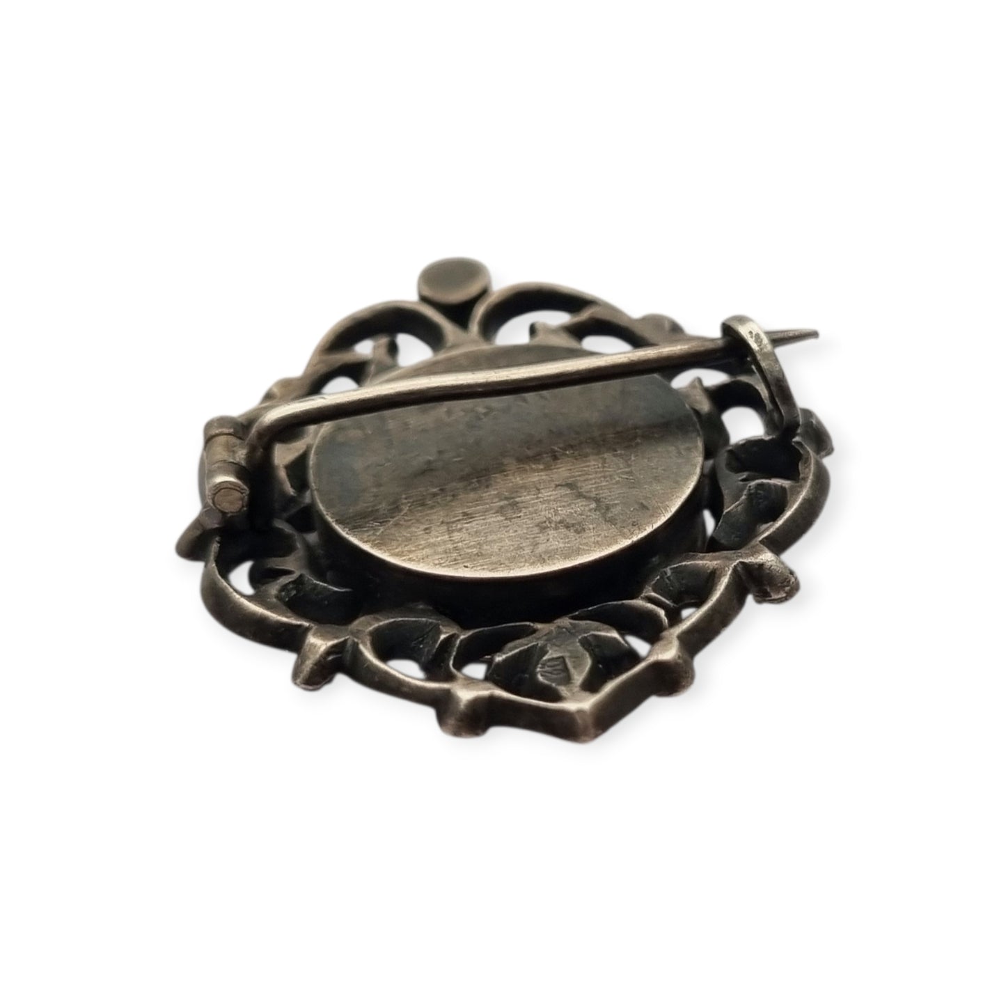 Victorian silver brooch with gold accents, painted miniature, and gemstones, France 1890-1900