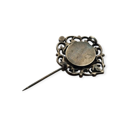 Victorian silver brooch with gold accents, painted miniature, and gemstones, France 1890-1900