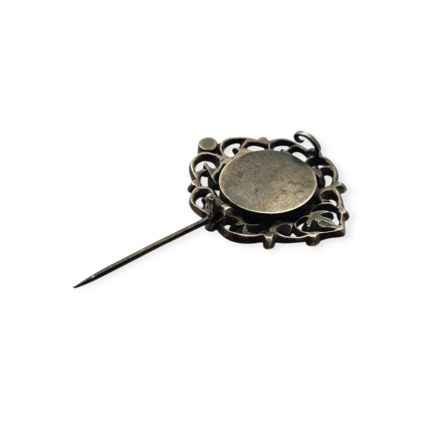 Victorian silver brooch with gold accents, painted miniature, and gemstones, France 1890-1900
