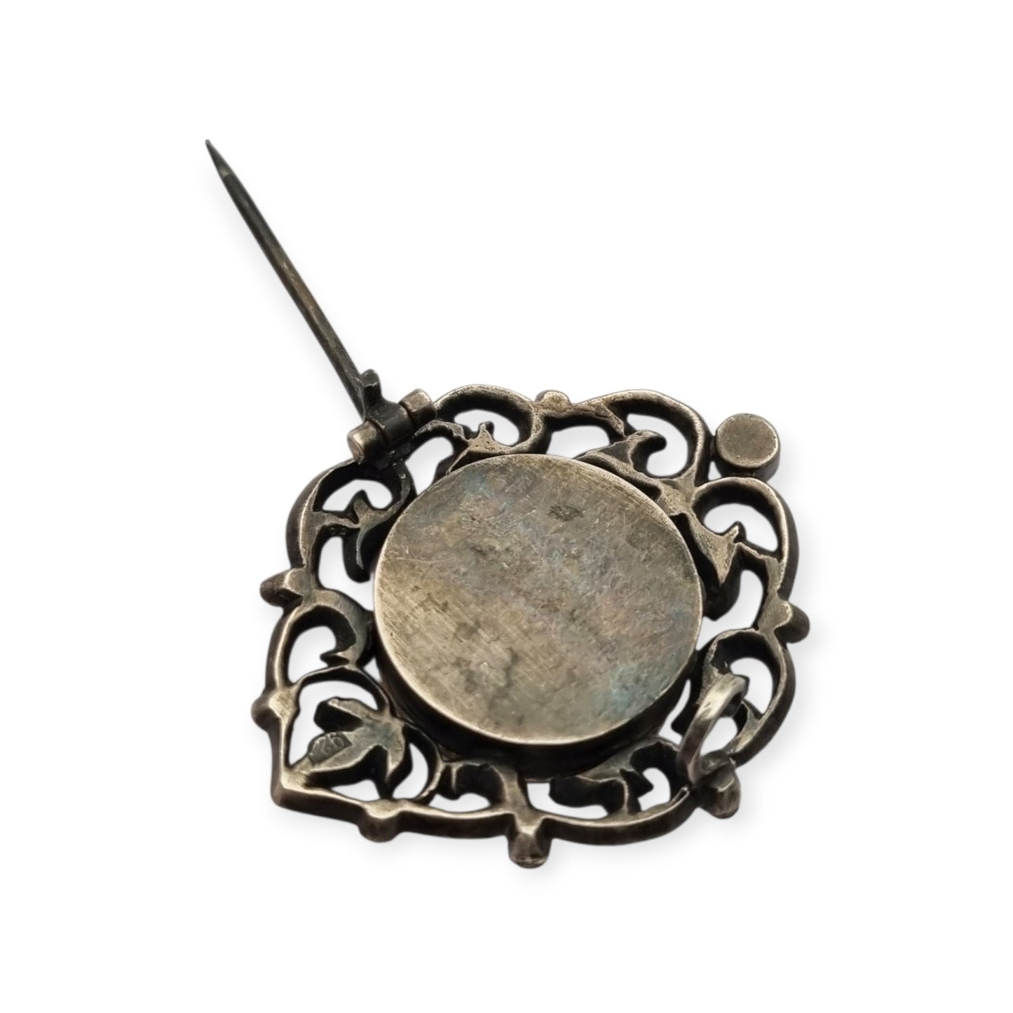 Victorian silver brooch with gold accents, painted miniature, and gemstones, France 1890-1900