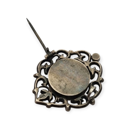 Victorian silver brooch with gold accents, painted miniature, and gemstones, France 1890-1900
