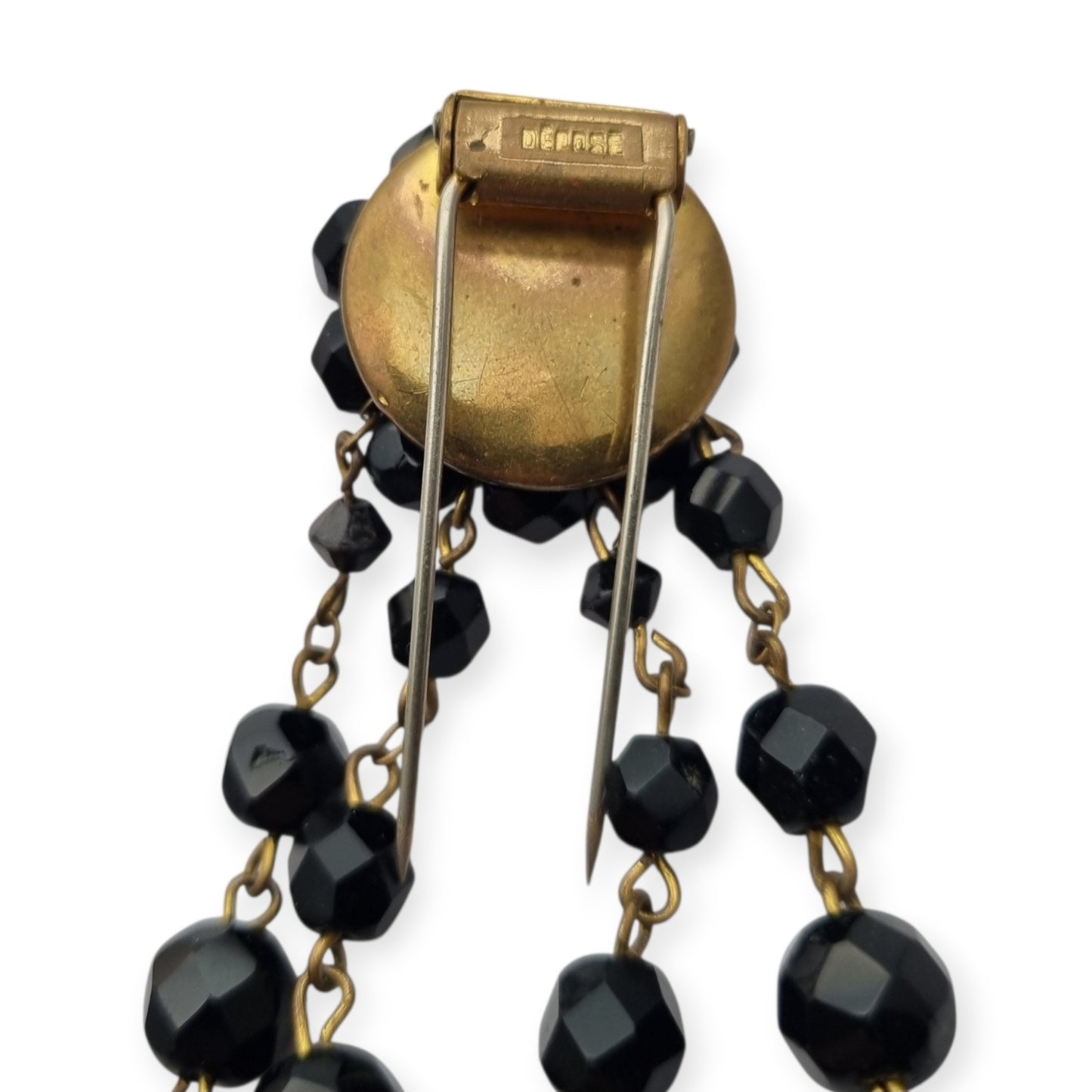 Broche fur clip vintage francés Déposé, cuentas negras facetadas en cascada, años 1940-1950
