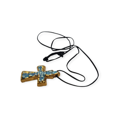 French enamelled ceramic hanging cross blue gold handmade circa 1960