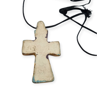 French enamelled ceramic hanging cross blue gold handmade circa 1960
