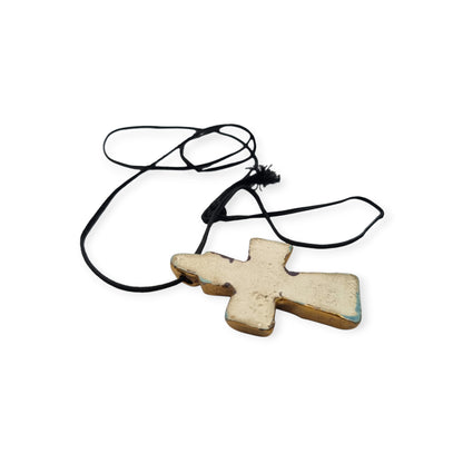 French enamelled ceramic hanging cross blue gold handmade circa 1960