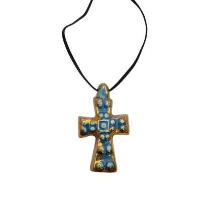 French enamelled ceramic hanging cross blue gold handmade circa 1960