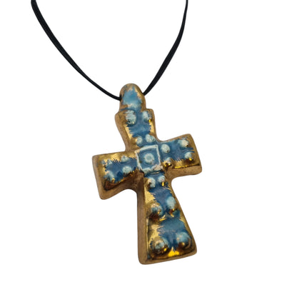 French enamelled ceramic hanging cross blue gold handmade circa 1960