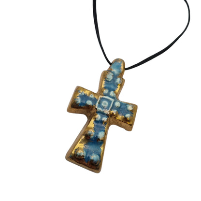 French enamelled ceramic hanging cross blue gold handmade circa 1960
