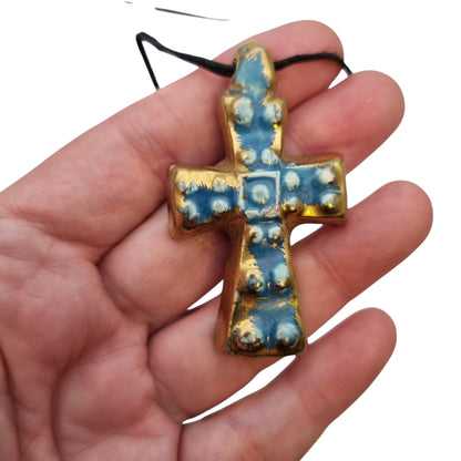 French enamelled ceramic hanging cross blue gold handmade circa 1960