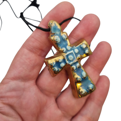 French enamelled ceramic hanging cross blue gold handmade circa 1960