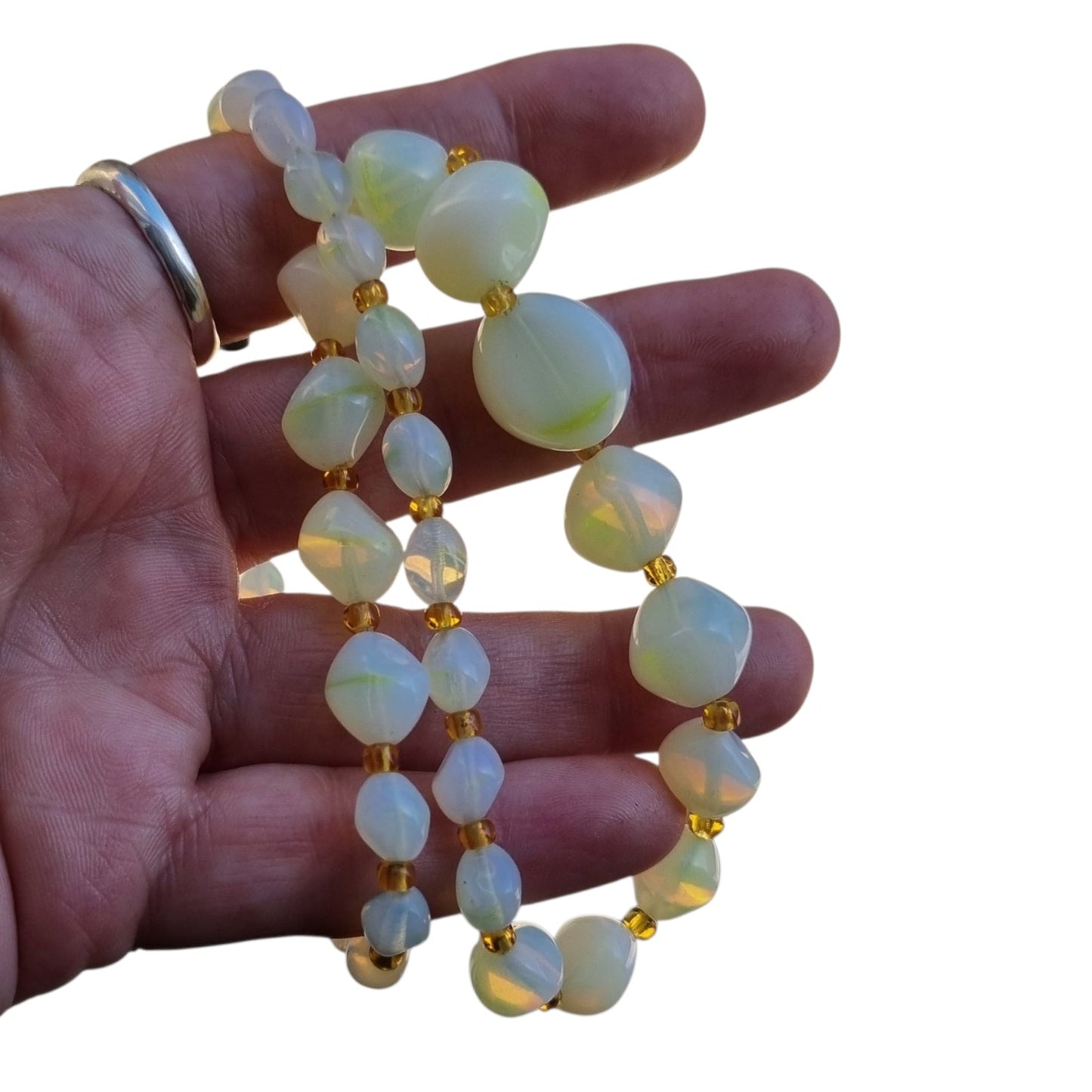 Vintage Opaline Glass Beaded Graduated Iridescent Necklace, Mid Century 1950s-1960s