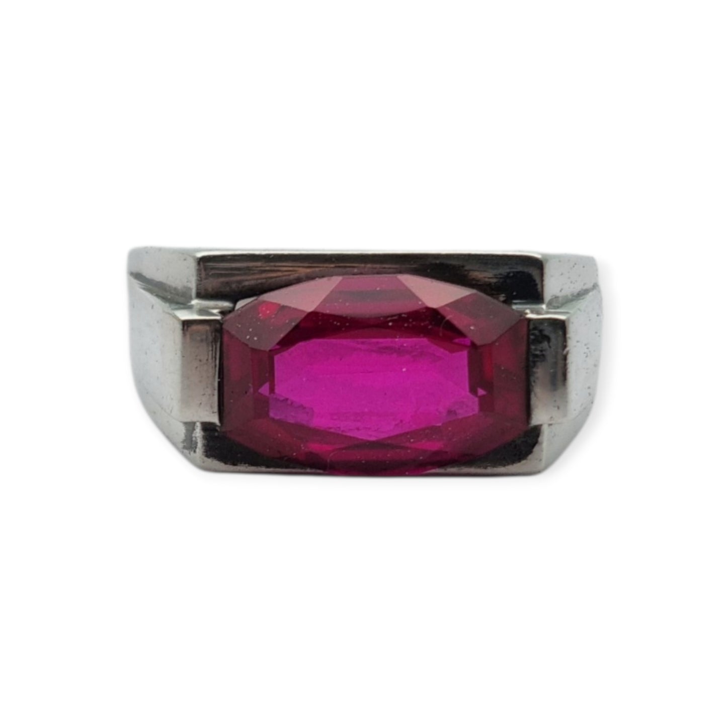 Art Deco silver ring with emerald-cut red spinel, circa 1940
