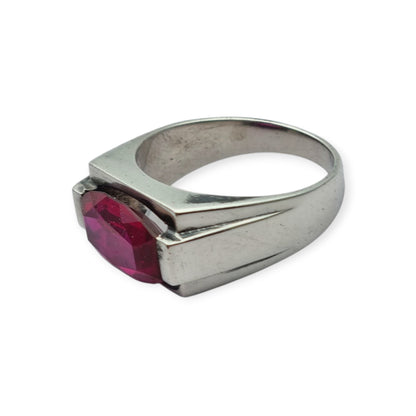 Art Deco silver ring with emerald-cut red spinel, circa 1940