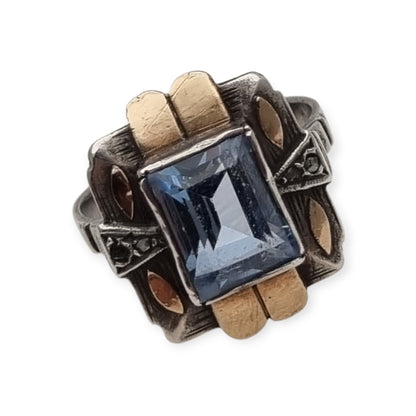 Catalan Art Deco silver and gold-plated ring with aquamarine blue glass, circa 1930