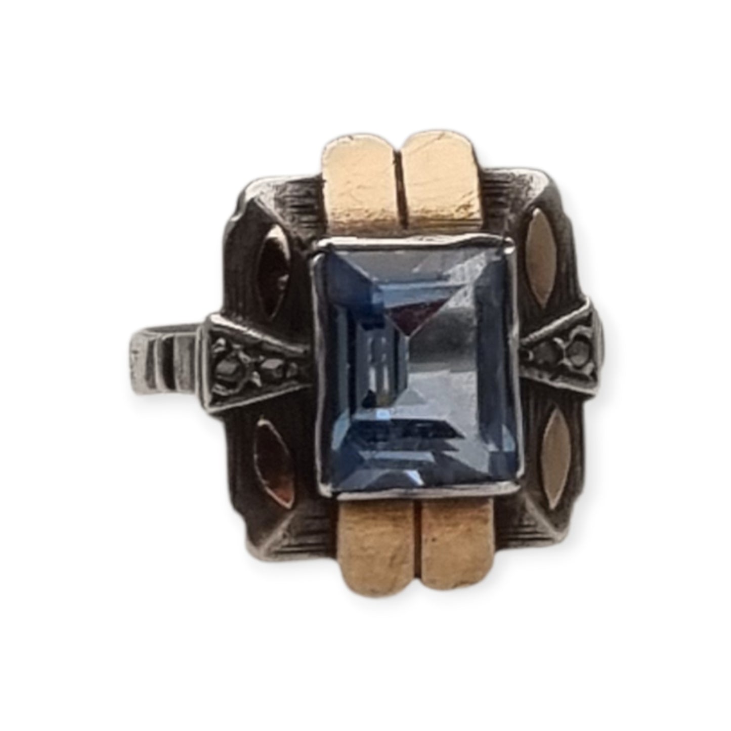 Catalan Art Deco silver and gold-plated ring with aquamarine blue glass, circa 1930