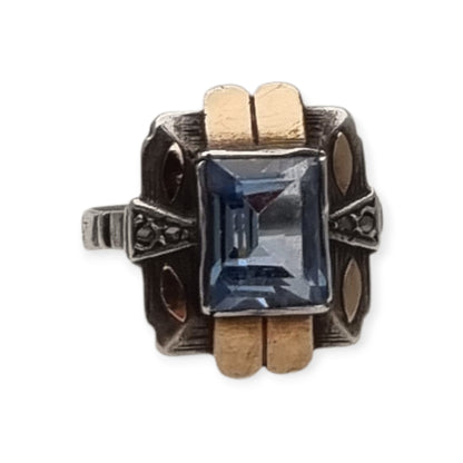 Catalan Art Deco silver and gold-plated ring with aquamarine blue glass, circa 1930