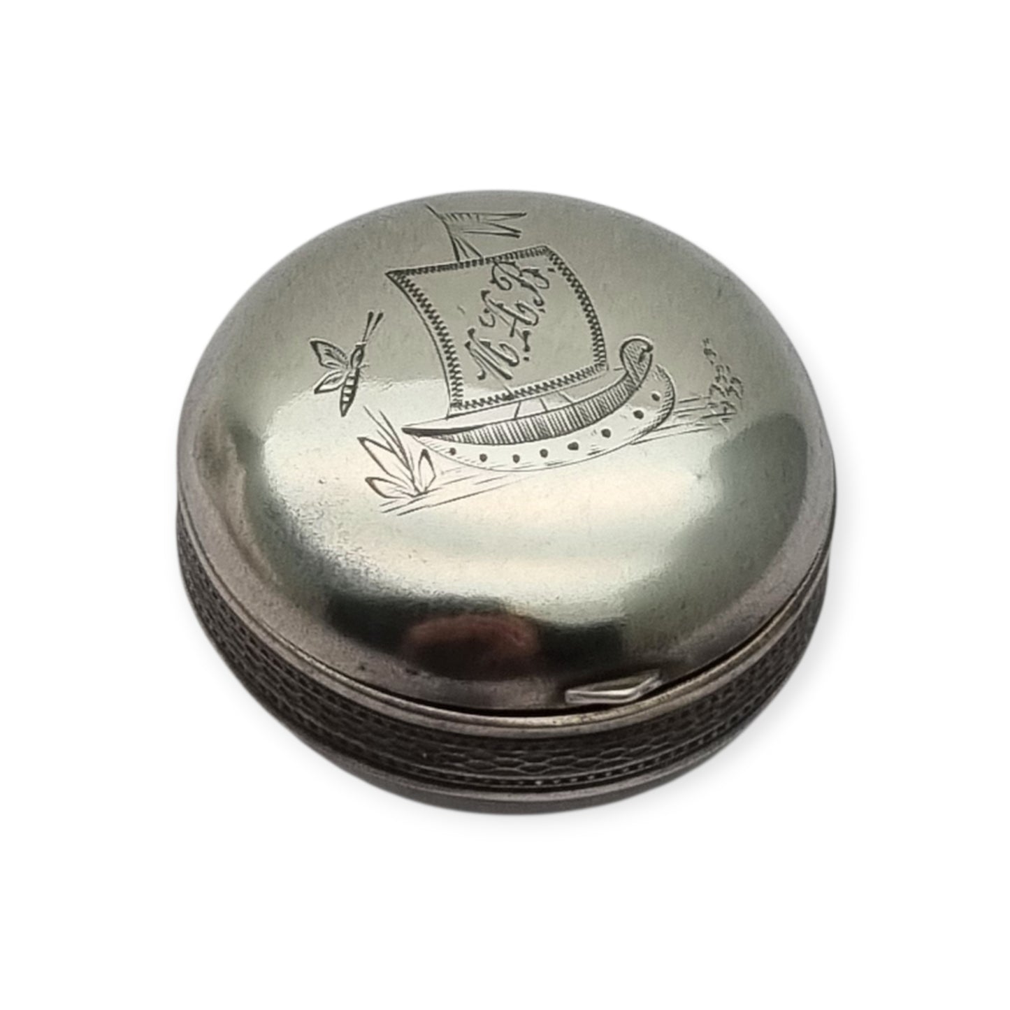 Antique German round .800 silver box engraved with ship and monogram, circa 1900