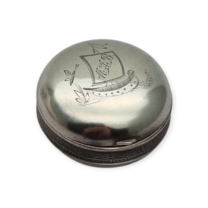 Antique German round .800 silver box engraved with ship and monogram, circa 1900