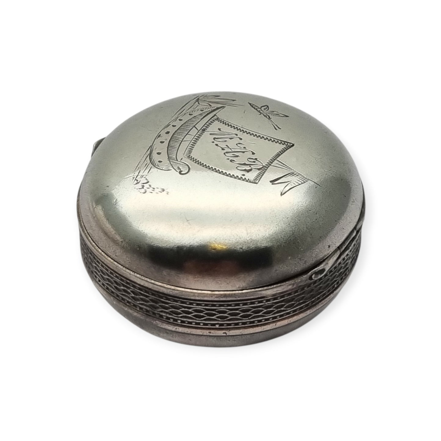 Antique German round .800 silver box engraved with ship and monogram, circa 1900