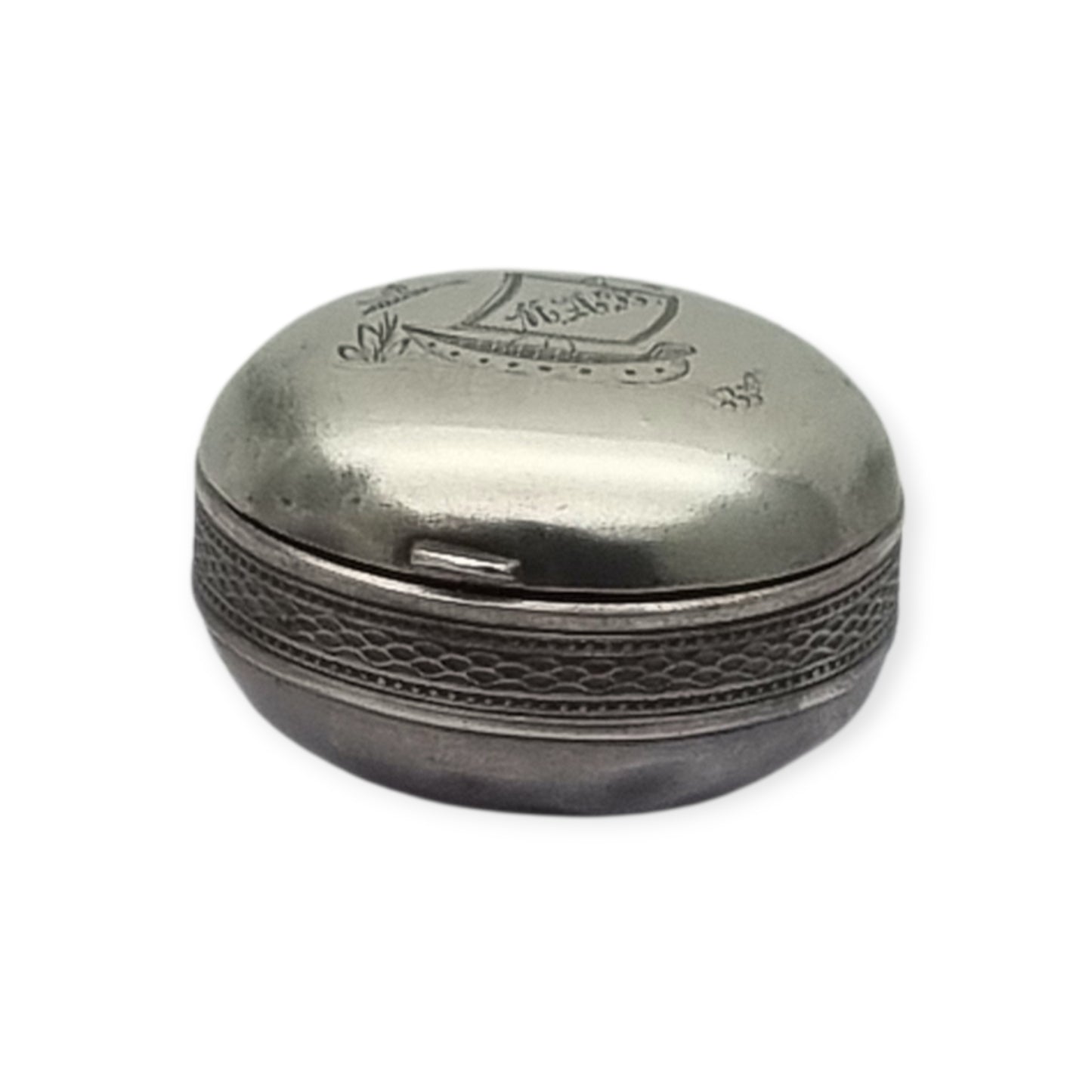Antique German round .800 silver box engraved with ship and monogram, circa 1900
