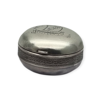 Antique German round .800 silver box engraved with ship and monogram, circa 1900