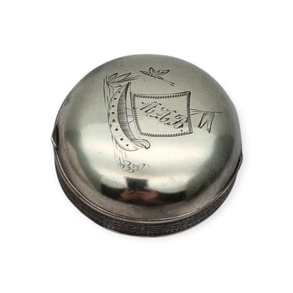 Antique German round .800 silver box engraved with ship and monogram, circa 1900