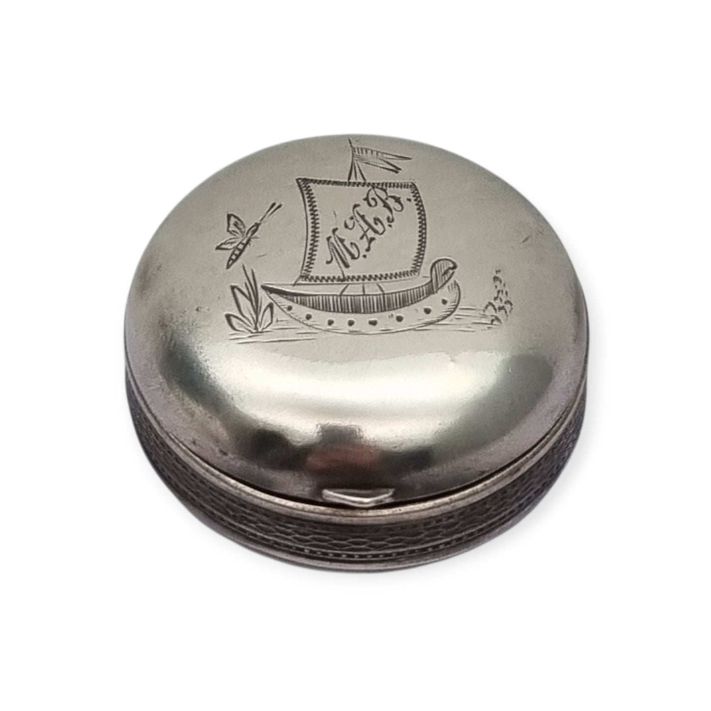 Antique German round .800 silver box engraved with ship and monogram, circa 1900