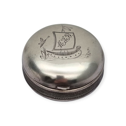 Antique German round .800 silver box engraved with ship and monogram, circa 1900