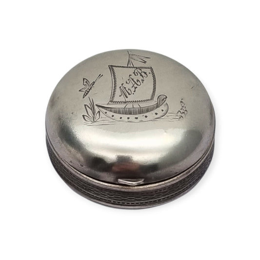 Antique German round .800 silver box engraved with ship and monogram, circa 1900